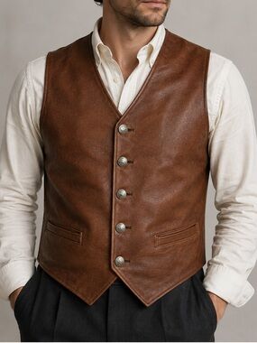Golden Bear Mens Brown Leather Vest L Buffalo Buttons Western Made in USA